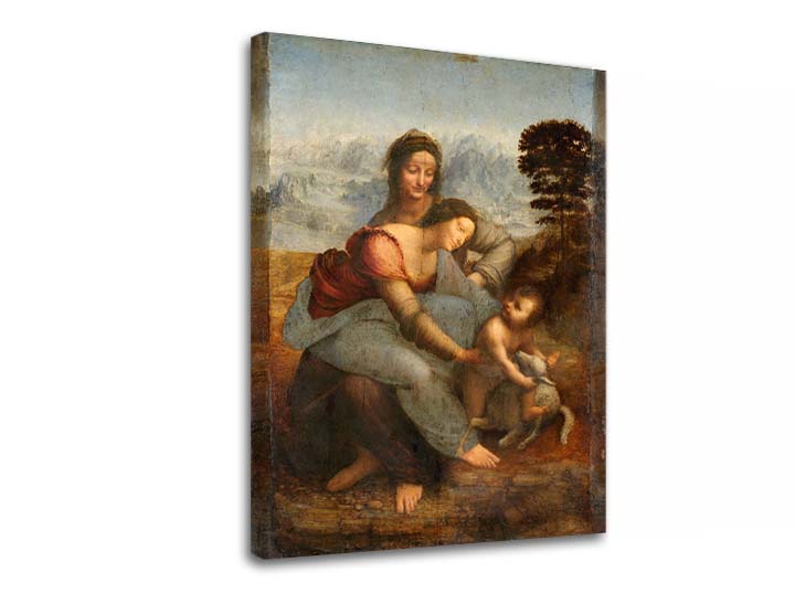 Vintage obraz na plátne s motívom Leonardo da Vinci - Svätá rodina so svätou Annou, dieťa, krajina v modro-zelených odtieňoch, vhodný do chodby – produkt