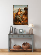 Vintage obraz na plátne s motívom Leonardo da Vinci - Svätá rodina so svätou Annou, dieťa, krajina v modro-zelených odtieňoch, vhodný do chodby – hlavný