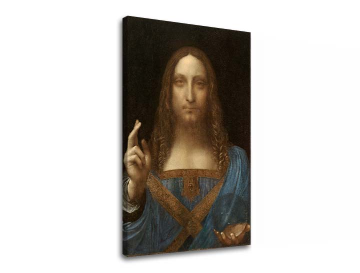 Vintage obraz na plátne s motívom Leonardo da Vinci - Salvator Mundi, mapa, príroda v modro-zlatých odtieňoch, slávnostná atmosféra, vhodný do obývačky – hlavný