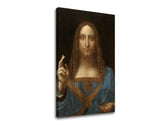 Vintage obraz na plátne s motívom Leonardo da Vinci - Salvator Mundi, mapa, príroda v modro-zlatých odtieňoch, slávnostná atmosféra, vhodný do obývačky – hlavný