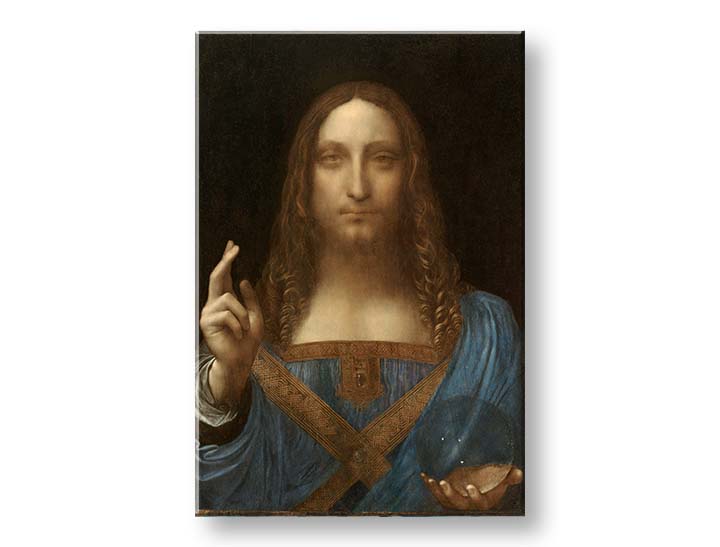 Vintage obraz na plátne s motívom Leonardo da Vinci - Salvator Mundi, mapa, príroda v modro-zlatých odtieňoch, slávnostná atmosféra, vhodný do obývačky – produkt