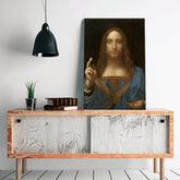 Vintage obraz na plátne s motívom Leonardo da Vinci - Salvator Mundi, mapa, príroda v modro-zlatých odtieňoch, slávnostná atmosféra, vhodný do obývačky – produkt, pohľad 2