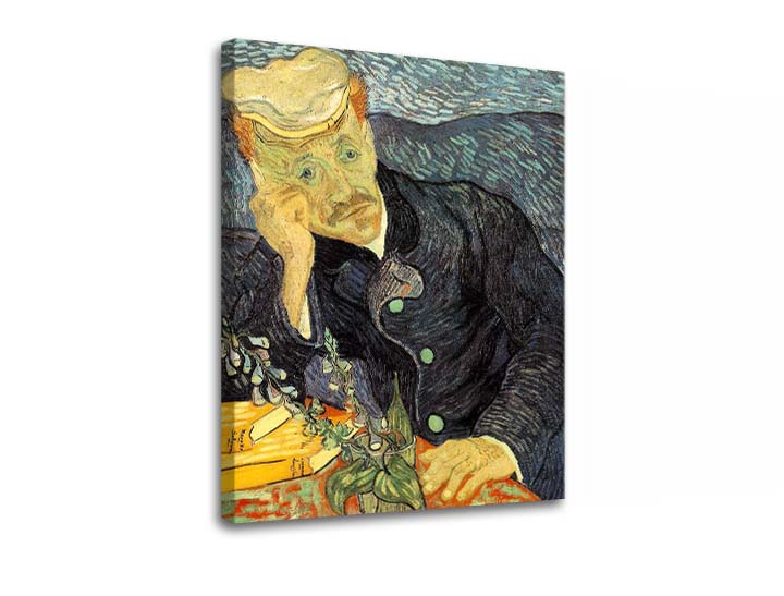 Vintage obraz na plátne s motívom Vincent van Gogh - Portrét dr. Gacheta, kvety, príroda v modro-zelených odtieňoch, kontemplačná atmosféra, vhodný do pracovne – produkt