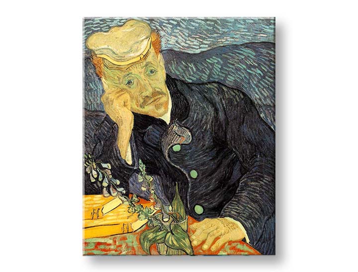 Vintage obraz na plátne s motívom Vincent van Gogh - Portrét dr. Gacheta, kvety, príroda v modro-zelených odtieňoch, kontemplačná atmosféra, vhodný do pracovne – produkt, pohľad 2