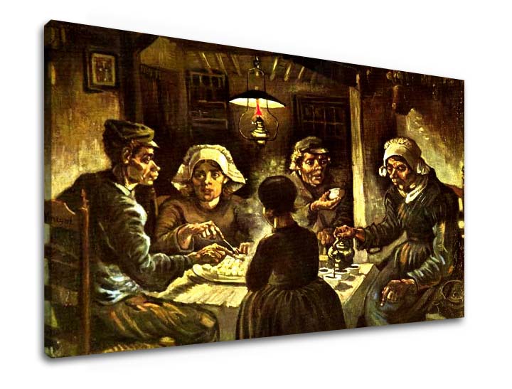 Vintage obraz na plátne s motívom Vincent van Gogh - Jedáci zemiakov, mapa, príroda v béžovo-hnedých odtieňoch, pochmúrna atmosféra, vhodný do kuchyne – produkt