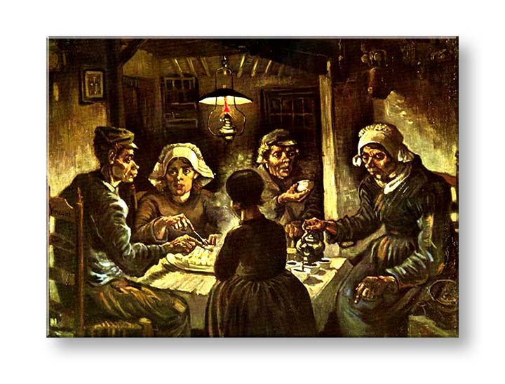 Vintage obraz na plátne s motívom Vincent van Gogh - Jedáci zemiakov, mapa, príroda v béžovo-hnedých odtieňoch, pochmúrna atmosféra, vhodný do kuchyne – produkt, pohľad 2