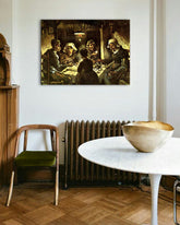 Vintage obraz na plátne s motívom Vincent van Gogh - Jedáci zemiakov, mapa, príroda v béžovo-hnedých odtieňoch, pochmúrna atmosféra, vhodný do kuchyne – hlavný