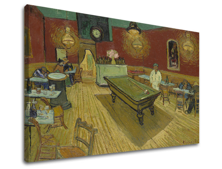 Vintage obraz na plátne s motívom Vincent van Gogh - Nočná kaviareň, hodiny, mapa, príroda v hnedo-zelených odtieňoch, vhodný do kuchyne | Obraz na plátne Vincent van Gogh - Nočná kaviareň – produkt