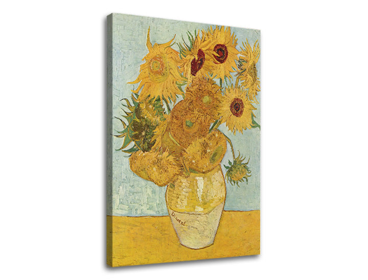 Vintage obraz na plátne s motívom Vincent van Gogh - Váza s dvanástimi slnečnicami, váza, kvety v modro-žltých odtieňoch, živá atmosféra, vhodný do obývačky – produkt