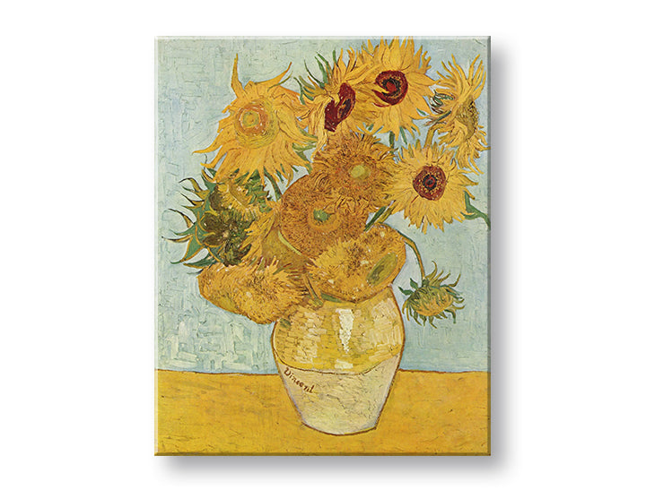 Vintage obraz na plátne s motívom Vincent van Gogh - Váza s dvanástimi slnečnicami, váza, kvety v modro-žltých odtieňoch, živá atmosféra, vhodný do obývačky – produkt, pohľad 2