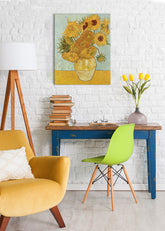 Vintage obraz na plátne s motívom Vincent van Gogh - Váza s dvanástimi slnečnicami, váza, kvety v modro-žltých odtieňoch, živá atmosféra, vhodný do obývačky – hlavný