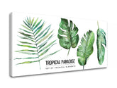 Industriálny obraz na plátne s motívom príroda v bielo-zelených odtieňoch, svieža atmosféra, príroda, vhodný do obývačky | Obraz na stenu s textom Tropical paradise – produkt