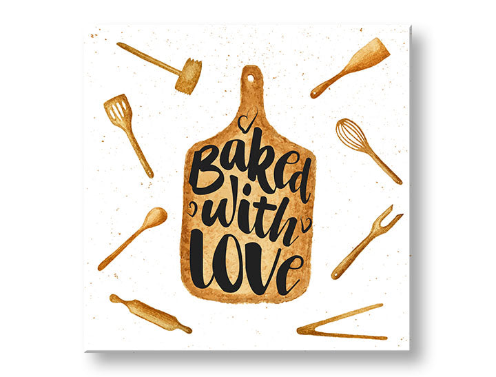 Rustikálny obraz na plátne v bielo-hnedých odtieňoch, útulná atmosféra, láska, vhodný do kuchyne | Obraz na stenu s textom Baked with love – hlavný