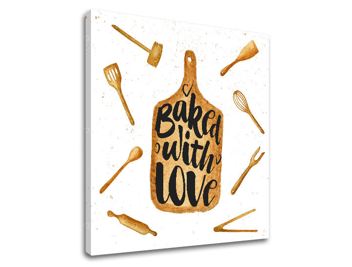 Rustikálny obraz na plátne v bielo-hnedých odtieňoch, útulná atmosféra, láska, vhodný do kuchyne | Obraz na stenu s textom Baked with love – produkt