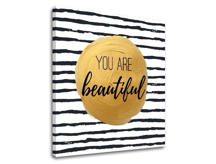 Industriálny obraz na plátne v bielo-zlatých odtieňoch | Obraz na stenu s textom You are beautiful, elegancia – náhľad