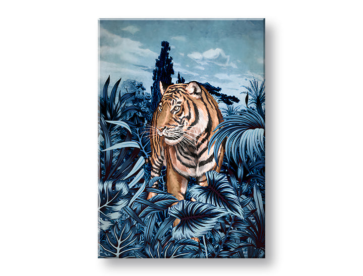 Pop art obraz na plátne s motívom TIGER V PRÍRODE 001, tiger, stromy, obloha, oblaky v bielo-modrých odtieňoch, pokojná atmosféra, vhodný do obývačky – hlavný
