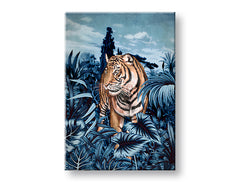 Pop art obraz na plátne s motívom TIGER V PRÍRODE 001, tiger, stromy, obloha, oblaky v bielo-modrých odtieňoch, pokojná atmosféra, vhodný do obývačky – hlavný
