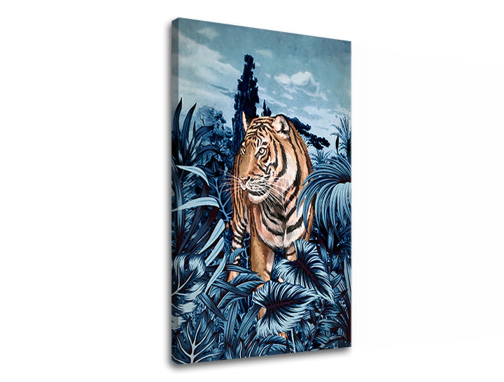 Pop art obraz s motívom TIGER V PRÍRODE 001, tiger, stromy v bielo-modrých odtieňoch | Obraz na plátne TIGER V PRÍRODE 001, príroda – náhľad