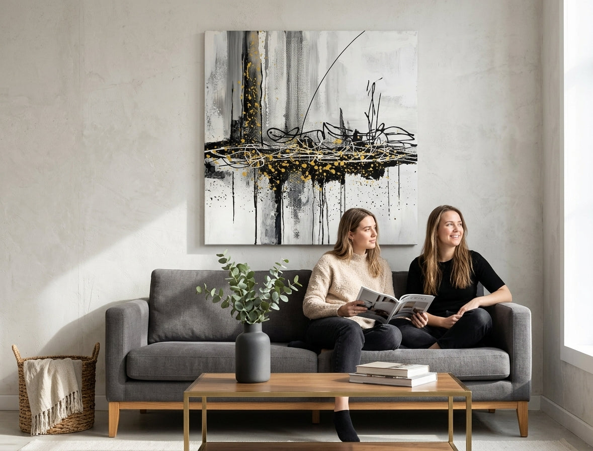 Art deco obraz na plátne s motívom ťahy štetcom v bielo-sivých odtieňoch zavesený v interiéri chodby, pohyb | Obraz na plátne ABSTRAKT – interiér