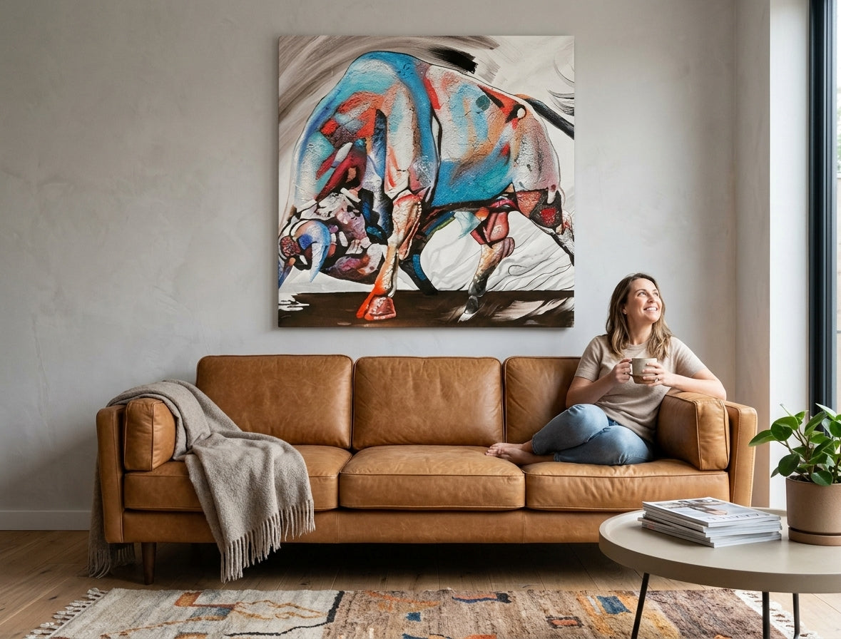 Moderný obraz na plátne s motívom BÝK, kôň, vesmír, zviera v bielo-hnedých odtieňoch zavesený v interiéri kancelárie, energická atmosféra, pohyb a príroda – interiér