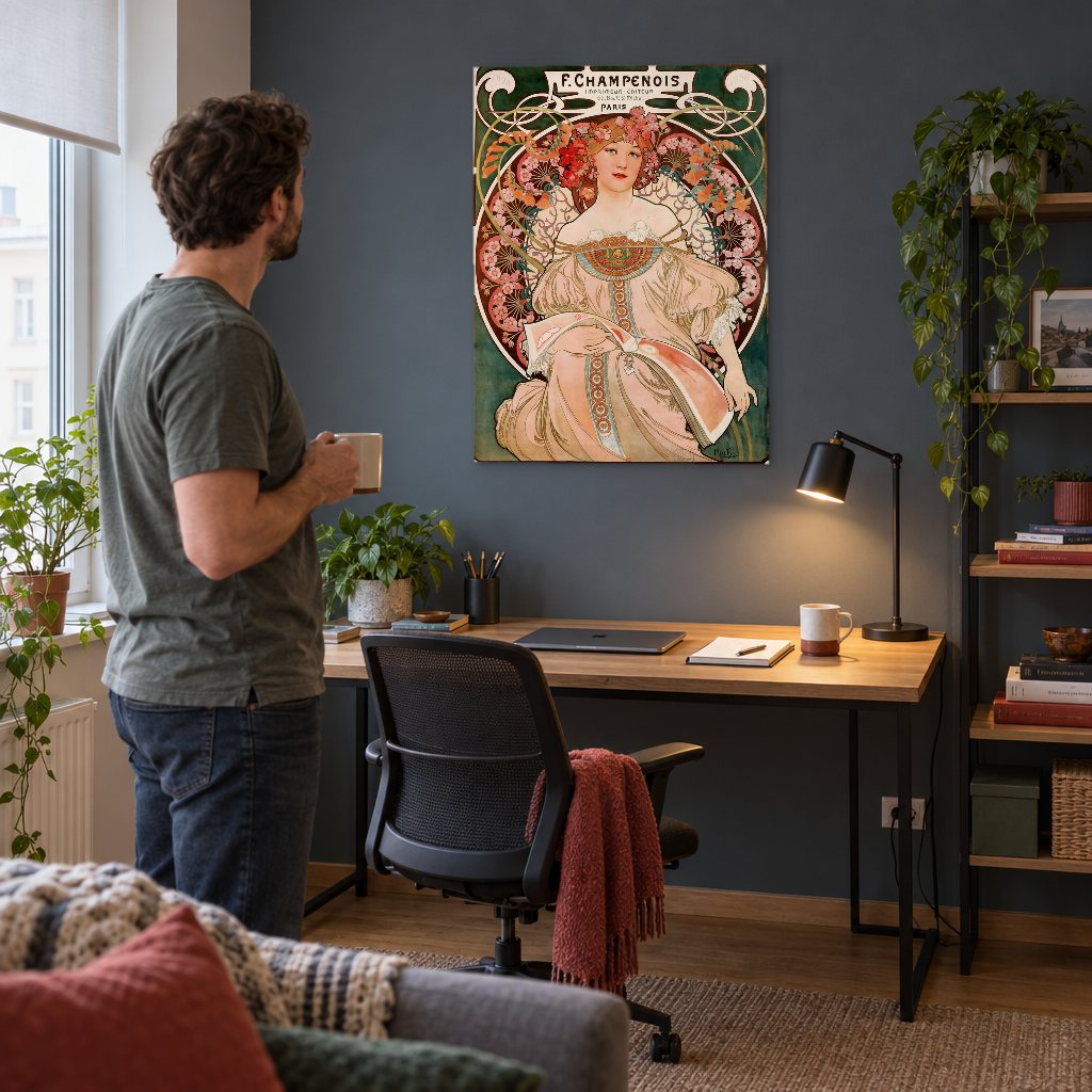 Obraz F. Champenois – plagát – Alfons Mucha na plátne v pracovni