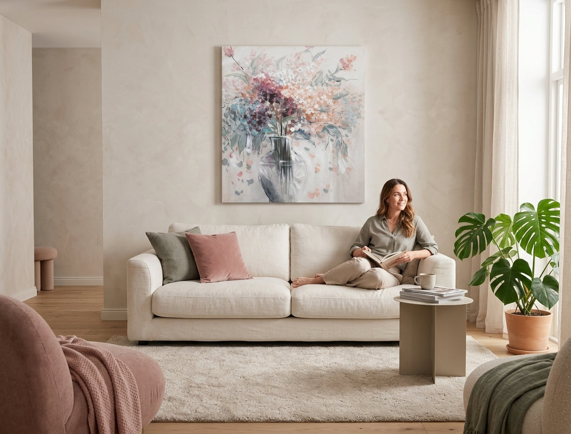V boho štýle obraz na plátne s motívom kvety, váza, mapa, príroda v bielo-modrých odtieňoch zavesený v interiéri obývačky, pokojná atmosféra – interiér