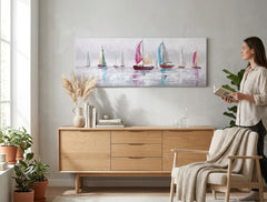 V boho štýle obraz na plátne s motívom LODE, obloha, príroda v bielo-modrých odtieňoch zavesený v interiéri kancelárie, pokojná atmosféra, prímorský život – interiér
