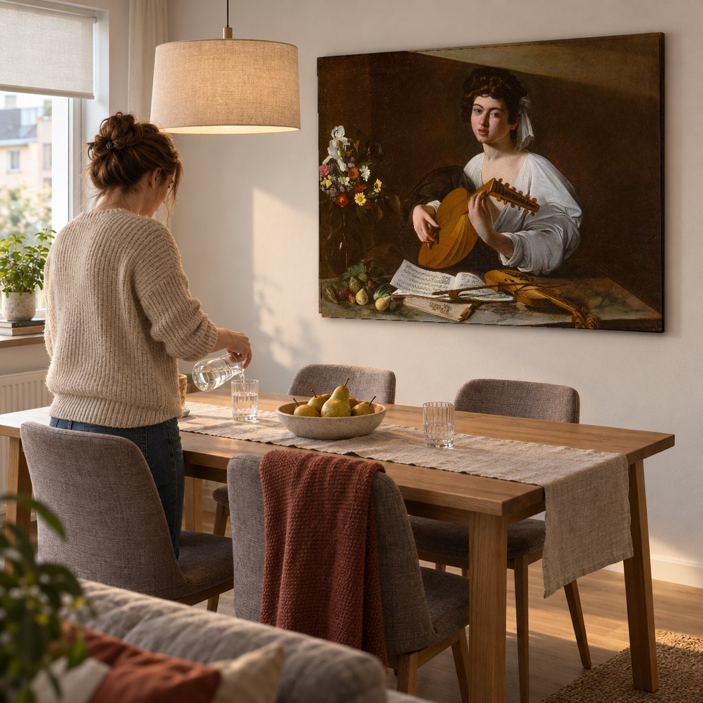 Obraz Lutnista – Caravaggio na plátne v jedálni