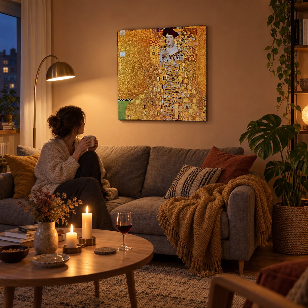 Obraz Portrét Adele Bloch-Bauer – Gustav Klimt na plátne v obývačke