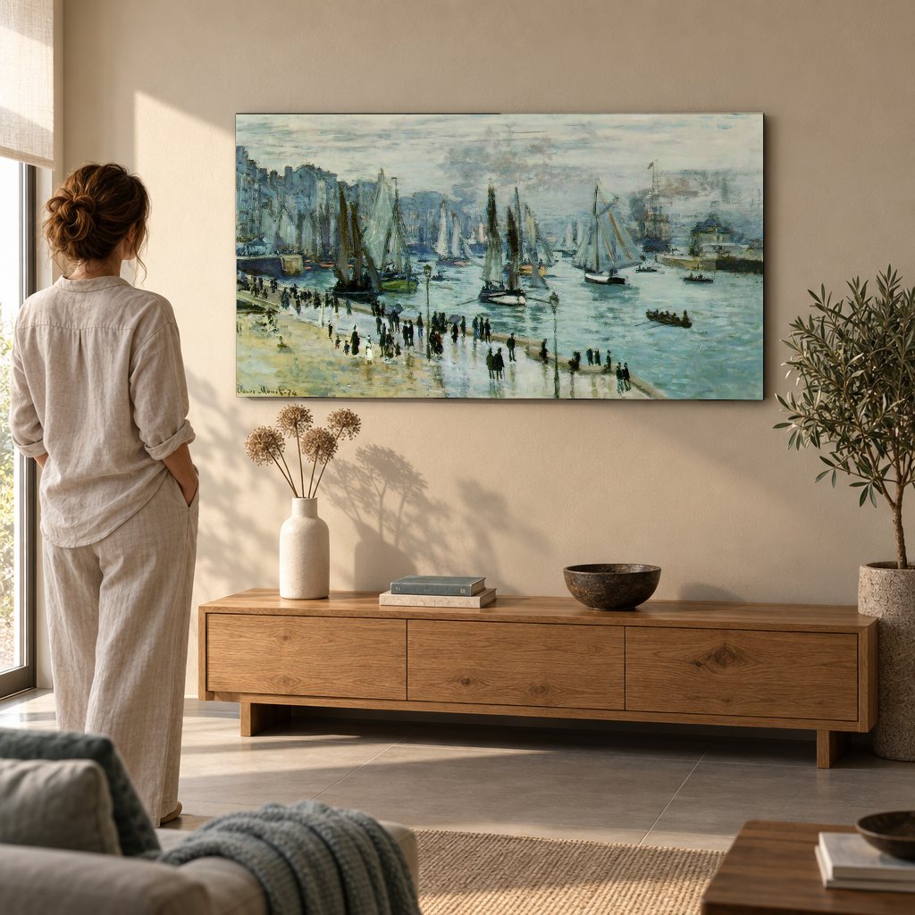 Obraz Rybárske lode opúšťajú prístav Le Havre – Claude Monet na plátne v obývačke