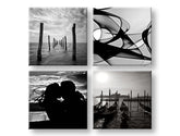 Kolážový obraz na plátne s motívom Memories of love, krajina v bielo-čiernych odtieňoch, romantická atmosféra, láska a príroda, viacdielné prevedenie – hlavný