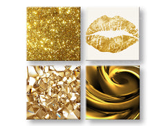 Kolážový obraz na plátne s motívom Golden kiss v bielo-zlatých odtieňoch, krása a oslava, viacdielné prevedenie, vhodný do obývačky | Obraz na stenu Golden kiss – hlavný