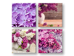 Kolážový obraz na plátne s motívom Lilacs, kvety, príroda, zviera v bielo-fialových odtieňoch, pokojná atmosféra, jarná atmosféra a príroda, viacdielné prevedenie – hlavný