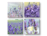 Kolážový obraz na plátne s motívom Lavender dream, levanduľa, motýľ, kvety, pole v fialovo-zelených odtieňoch, pokojná atmosféra, viacdielné prevedenie – hlavný