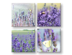 Kolážový obraz na plátne s motívom Lavender dream, levanduľa, motýľ, kvety, pole v fialovo-zelených odtieňoch, pokojná atmosféra, viacdielné prevedenie – hlavný