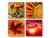 Kolážový obraz na plátne s motívom The smell of Autumn, ruže, slnečnica, kvety, príroda v oranžovo-červených odtieňoch, teplá atmosféra, viacdielné prevedenie – hlavný