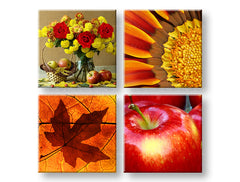 Kolážový obraz na plátne s motívom The smell of Autumn, ruže, slnečnica, kvety, príroda v oranžovo-červených odtieňoch, teplá atmosféra, viacdielné prevedenie – hlavný