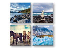 V boho štýle obraz s motívom Walking through the Iceland, kone, hory v modro-zelených odtieňoch | Obraz na stenu Walking through the Iceland – náhľad