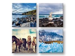 V boho štýle obraz na plátne s motívom Walking through the Iceland, kone, hory, krajina, more a pláž v modro-zelených odtieňoch, viacdielné prevedenie – hlavný