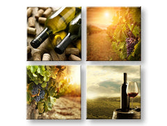 Kolážový obraz s motívom Meeting in the vineyard, hrozno, pohár vína v zeleno-žltých odtieňoch | Obraz na stenu Meeting in the vineyard – náhľad