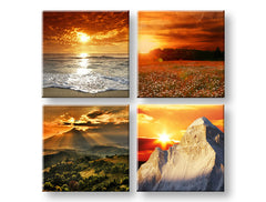 V boho štýle obraz na plátne s motívom Beauty of the Earth, západ slnka, oceán, hora, mapa v bielo-oranžových odtieňoch, pokojná atmosféra, vhodný do obývačky – hlavný