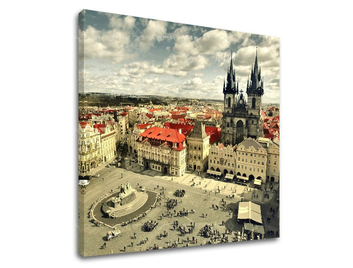 Klasický obraz s motívom MESTO PRAHA, architektúra, mestský motív v béžovo-zelených odtieňoch | Obraz na stenu MESTO PRAHA – náhľad
