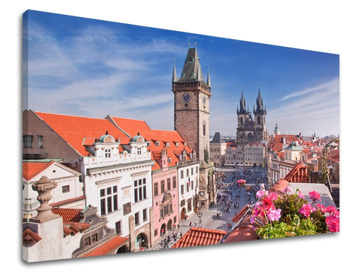 Klasický obraz s motívom MESTO PRAHA, Praha v bielo-modrých odtieňoch | Obraz na stenu MESTO PRAHA, mestský život – náhľad