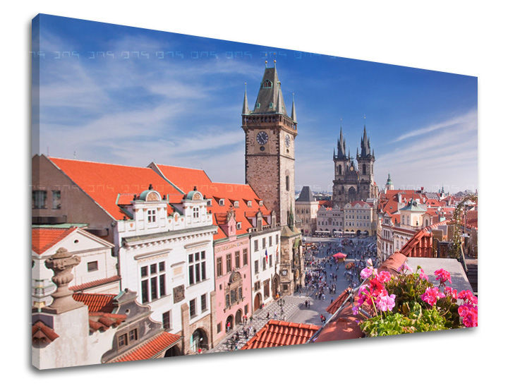 Klasický obraz na plátne s motívom MESTO PRAHA, Praha v bielo-modrých odtieňoch, živá atmosféra, mestský život, vhodný do kancelárie | Obraz na stenu MESTO PRAHA – hlavný