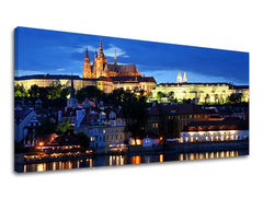 Klasický obraz s motívom PANORÁMA PRAHA, nočná obloha, krajina v bielo-modrých odtieňoch | Obraz na stenu PANORÁMA PRAHA – náhľad