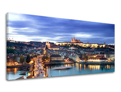 Obraz na plátne s motívom PANORÁMA PRAHA, architektúra, detský motív, mapa, mestský motív v modro-žltých odtieňoch, vhodný do pracovne – hlavný