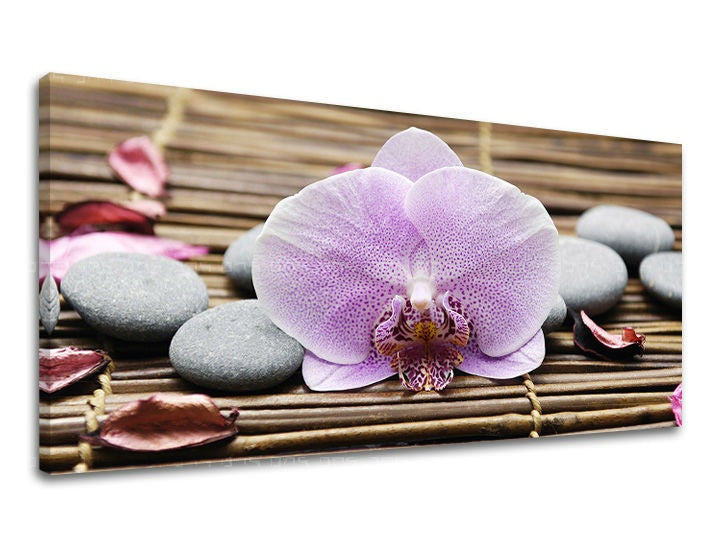 Klasický obraz na plátne s motívom PANORÁMA FENG SHUI, orchidea, feng shui, krajina, príroda v sivých odtieňoch, pokojná atmosféra, vhodný do obývačky – hlavný