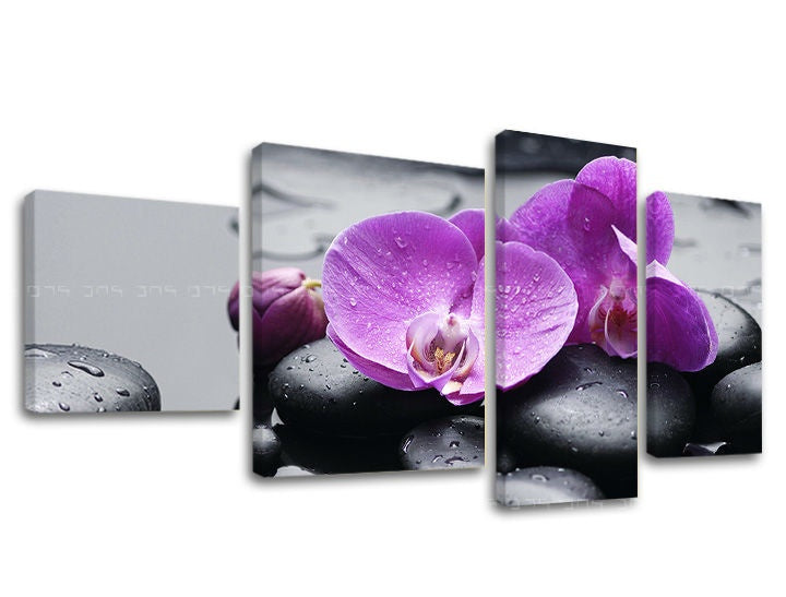 Klasický obraz na plátne s motívom FENG SHUI, orchidea, kvety, príroda v fialovo-sivých odtieňoch, pokojná atmosféra, príroda a krása, viacdielné prevedenie – hlavný