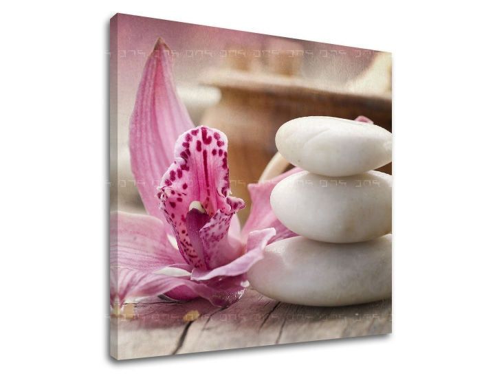 Industriálny obraz s motívom FENG SHUI, orchidea, krajina v modro-strieborných odtieňoch | Obraz na stenu FENG SHUI, príroda – náhľad