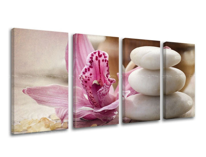 Industriálny obraz na plátne s motívom FENG SHUI, orchidea, kvet v bielo-béžových odtieňoch, pokojná atmosféra, príroda, viacdielné prevedenie – hlavný